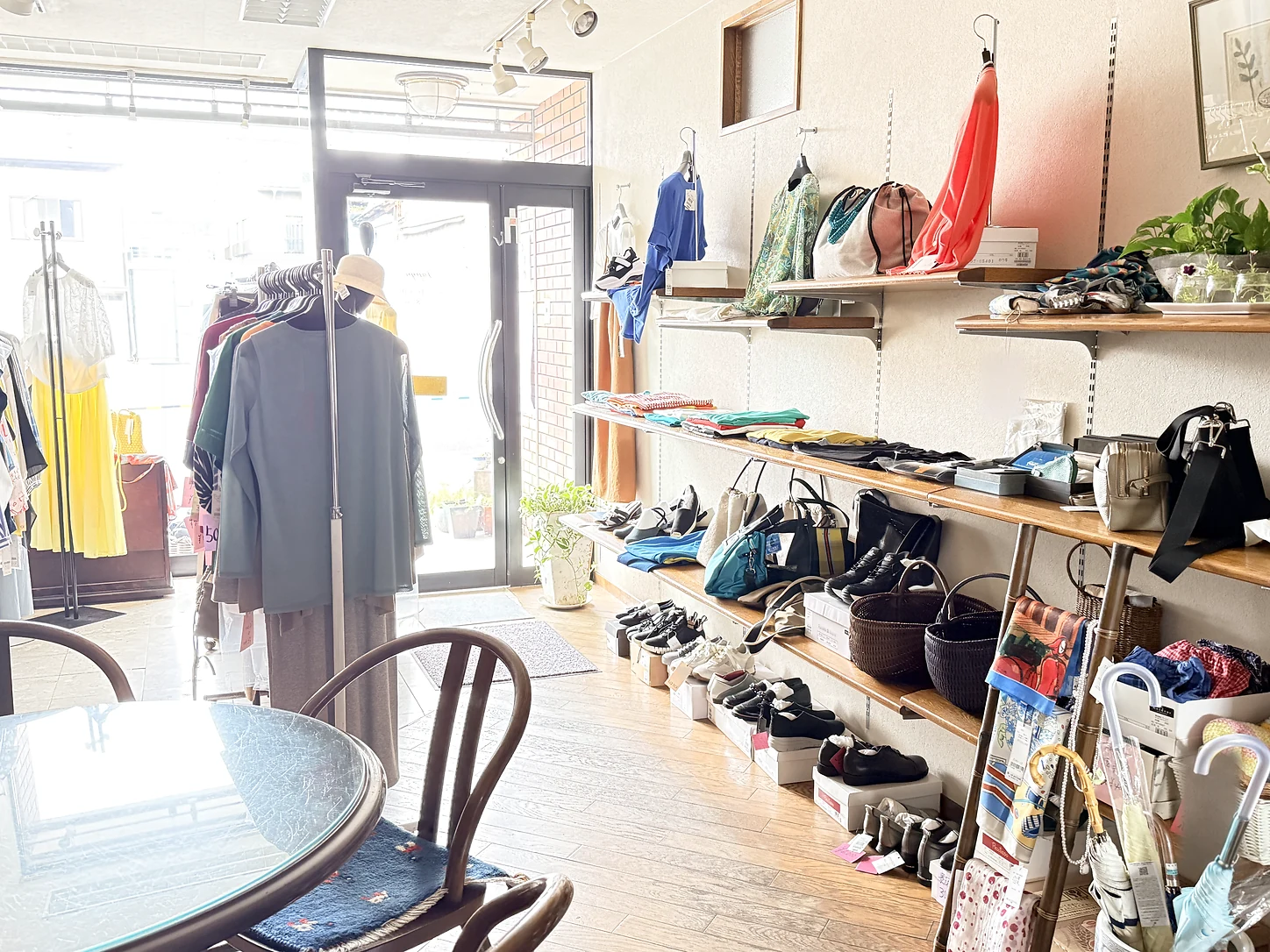 明るい入口と商品棚が見える店内全景